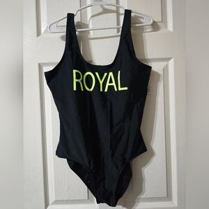 NWT Royal Black One Piece Swimsuit, Low Open Back, Full Coverage, Neon, Sz XL